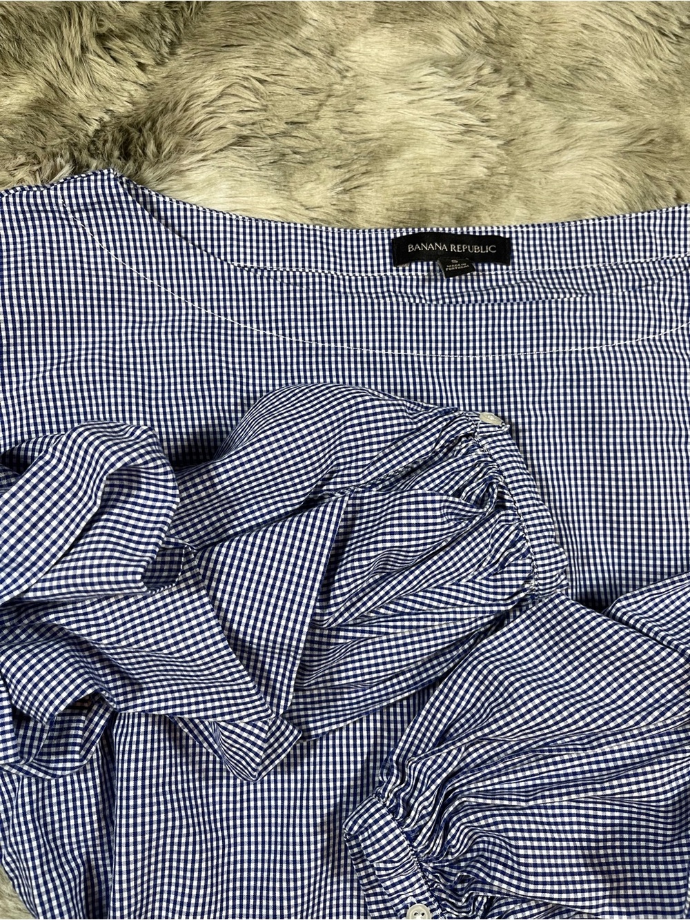Banana Republic Small Navy and White Gingham Ruffle Puff Sleeve - Tie Waist Top